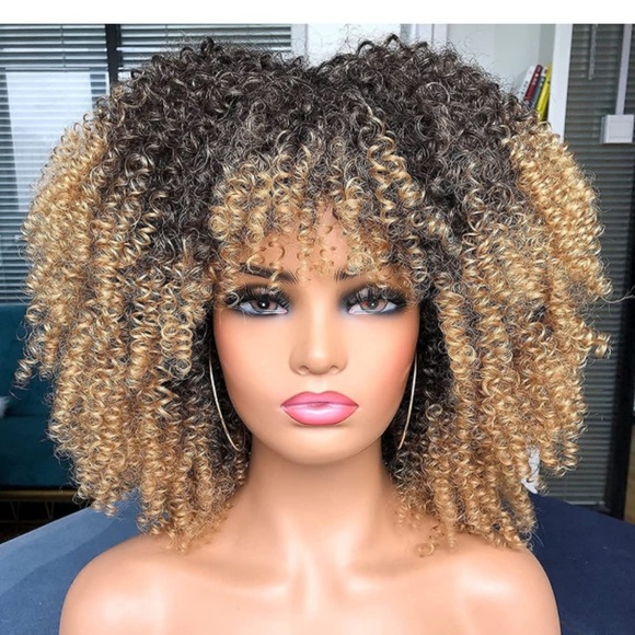 Short Kinky Curly Afro Wig -Brown Mixed Blonde - Picture 3 of 3